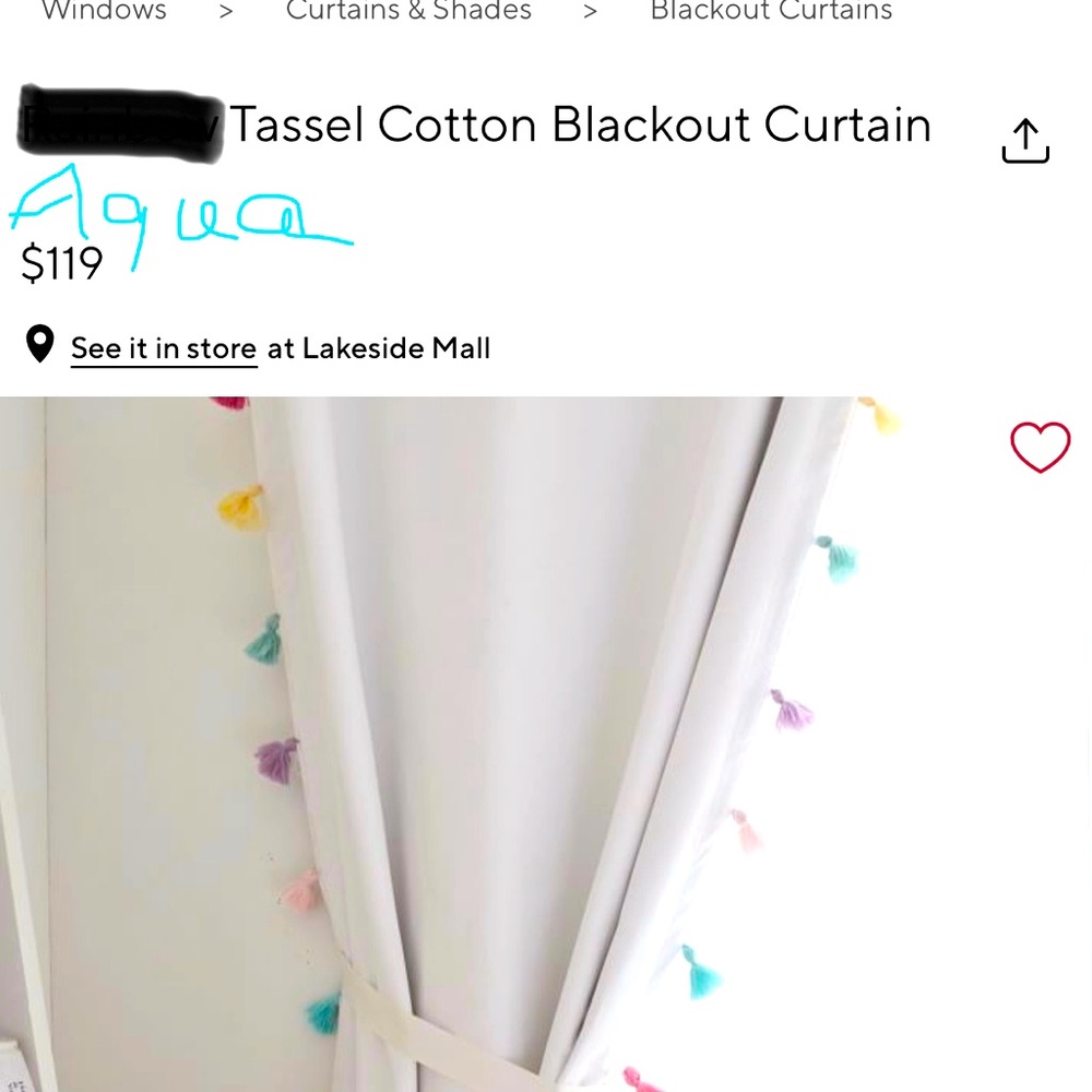AQUA Tassel PotterybarnKids Blackout Curtains.  44 x 96